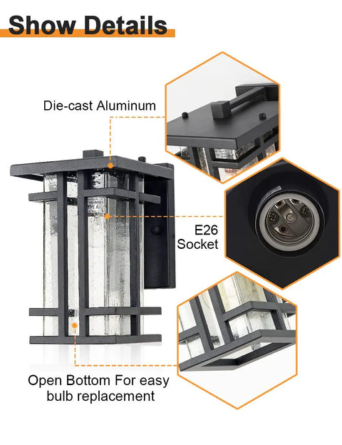 Close-up of Retro Outdoor Wall Light with Clear Seeded Glass Shade, die-cast aluminum, E26 socket, open bottom design.