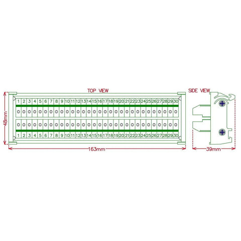 Technical diagram of DIN Rail Mount 30-Position Screw Terminal Block Distribution Module with 24A Per Position, 400V Rating, 5.0mm Pitch.
