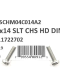 M4 X 14mm Stainless Steel Slotted Cheese Head Machine Screws DIN 84 A2 Grade Heavy Duty Fasteners For Tough DIY And Repair Jobs Pack Of Fifty with label.