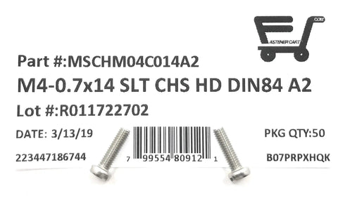 M4 X 14mm Stainless Steel Slotted Cheese Head Machine Screws DIN 84 A2 Grade Heavy Duty Fasteners For Tough DIY And Repair Jobs Pack Of Fifty with label.