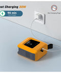 20 PSI Electric Paddle Board Pump S1 Portable SUP Air Pump connected to power outlet, displaying fast charging in 90 mins.