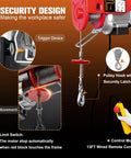 Front view of electric hoist with 440 lb capacity, red motor housing, pulley hook, and 13ft wired remote