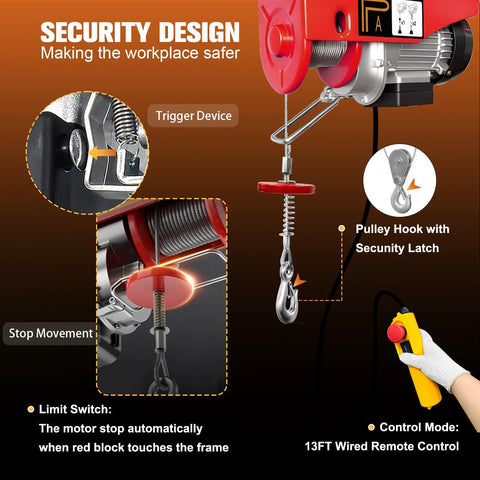 Front view of electric hoist with 440 lb capacity, red motor housing, pulley hook, and 13ft wired remote