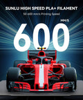 Red race car emphasizing Turbocharged PLA Plus 2.0 Filament 1.75mm Black Two 1kg Spools for fast 3D printing speed of 600 mm/s