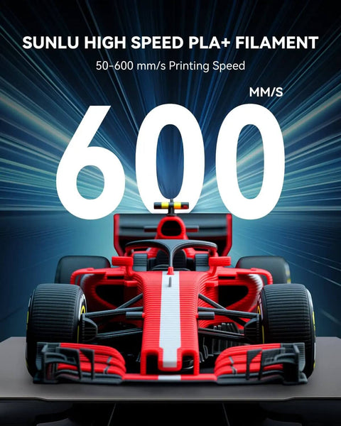 Red race car emphasizing Turbocharged PLA Plus 2.0 Filament 1.75mm Black Two 1kg Spools for fast 3D printing speed of 600 mm/s