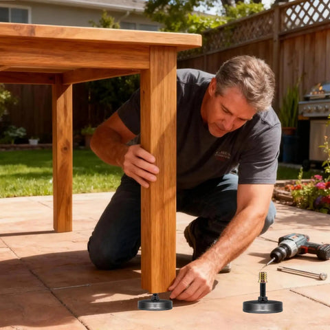 Man adjusting Sturdy True Metric M8 Heavy Duty Leveling Feet with a 2 inch wide base under a wooden table outdoors
