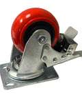 Heavy Duty 4 Inch Swivel Caster Set With Parking Brakes, Hardcore Polyurethane Plate Wheels Built Like A Tank, 1760 Pound Capacity, Smoother Than Silk Roll On Carts Workbenches Set Of Four - close-up view of a swivel caster with red wheel and metallic base.