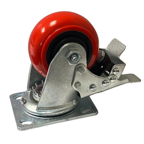 Heavy Duty 4 Inch Swivel Caster Set With Parking Brakes, Hardcore Polyurethane Plate Wheels Built Like A Tank, 1760 Pound Capacity, Smoother Than Silk Roll On Carts Workbenches Set Of Four - close-up view of a swivel caster with red wheel and metallic base.