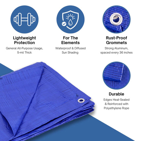All Purpose 10x10 Ft Waterproof Blue Poly Tarp 5 Mil Heavy Duty Outdoor Cover for Camping DIY Construction and Weatherproofing