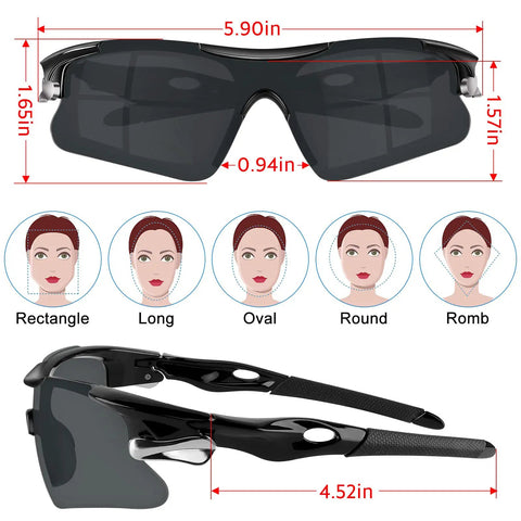 Front and side view of 12 Pack ANSI Z87.1 Safety Glasses With UV Block, wraparound style with polycarbonate lenses, size dimensions shown.