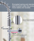 Close-up of encrypted spring and stainless steel bracket on Commercial Wall Mount Kitchen Faucet With Pre Rinse Sprayer 21 Inch Height 8 Inch Center 10 Inch Add On Swing Spout Coiled Spring Pull Down Spray Heavy Duty Pro Grade Sink Faucet, focusing on durability features.