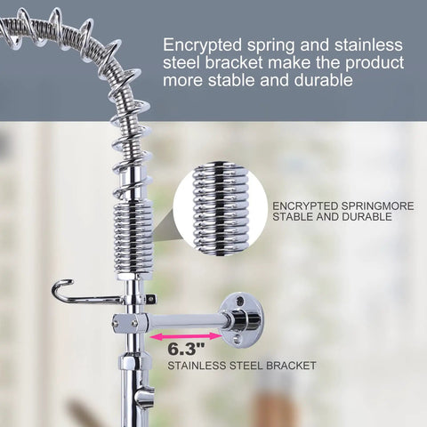 Close-up of encrypted spring and stainless steel bracket on Commercial Wall Mount Kitchen Faucet With Pre Rinse Sprayer 21 Inch Height 8 Inch Center 10 Inch Add On Swing Spout Coiled Spring Pull Down Spray Heavy Duty Pro Grade Sink Faucet, focusing on durability features.
