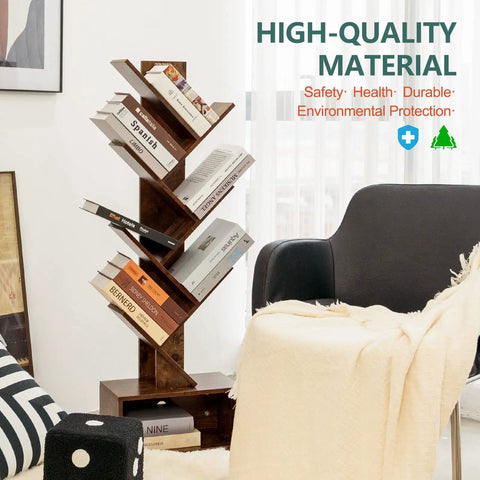 6 Shelf Retro Floor Standing Bookcase In Rustic Brown with books in living room next to armchair and decor
