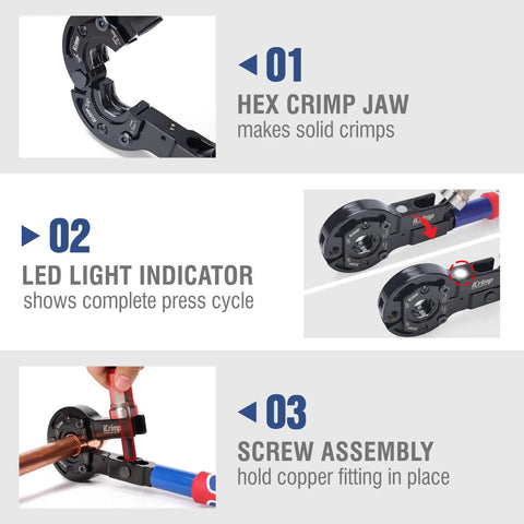 Heavy Duty Copper Pipe Press Tool Kit For 1/2 Inch And 3/4 Inch Viegas Propress Fittings includes hex crimp jaw and LED light indicator.