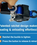 Close-up of Beefed Up Stainless Steel Heavy Duty Retractable Ratchet Straps Set with auto self-retracting buckle in use.
