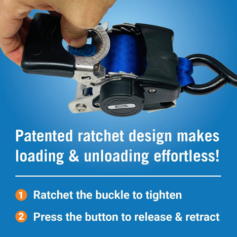 Close-up of Beefed Up Stainless Steel Heavy Duty Retractable Ratchet Straps Set with auto self-retracting buckle in use.