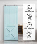 6Ft Top Mount Sliding Barn Door Hardware Kit With Stainless Steel Track And Rollers Heavy Duty Sturdy Barn Door Hardware Set installed on light blue door