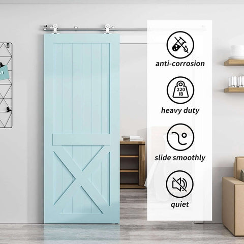 6Ft Top Mount Sliding Barn Door Hardware Kit With Stainless Steel Track And Rollers Heavy Duty Sturdy Barn Door Hardware Set installed on light blue door