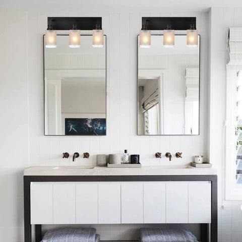 Dope Matte Black Three Light Bathroom Vanity Light With White Linen Glass Shades, Farmhouse Indoor Wall Sconce Fixture above sink
