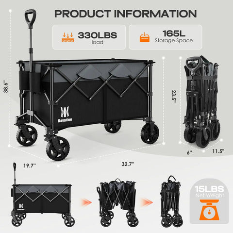 165L Collapsible Folding Wagon With Silent All Terrain Wheels Heavy Duty Utility Cart Loads Up To 330 Lbs For Camping Shopping