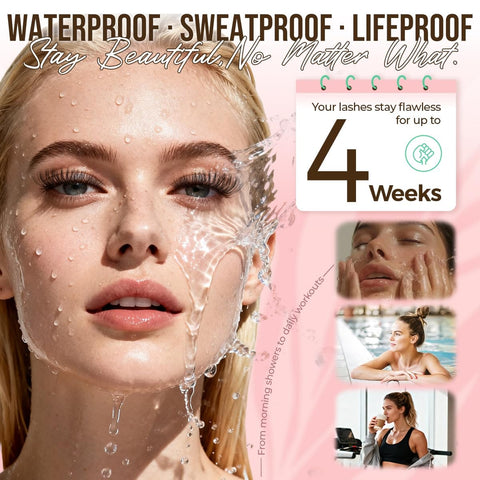 Model with water on face, showcasing Beast Mode Strong Hold Lash Cluster Glue For Up To 4 Weeks, Waterproof And Sweatproof Adhesive.