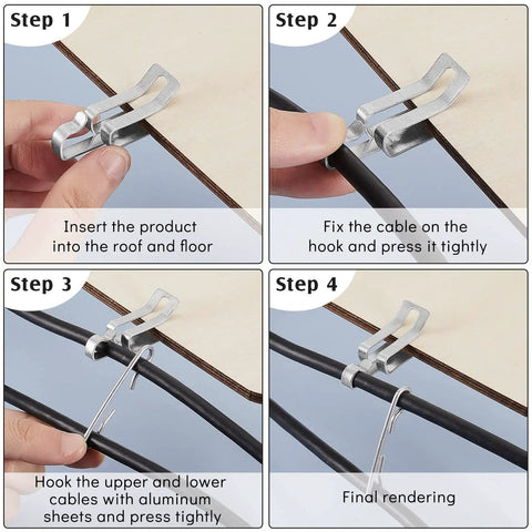 4-step installation of 48 Pack Gutter Light Clips And Spacers for 1.8 inch heat cable showing easy clip and spacer system