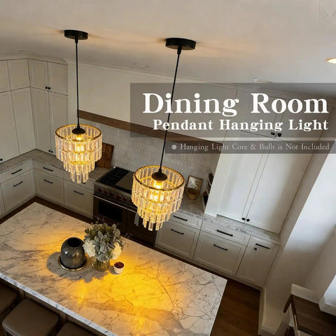 Modern Faux Chandelier Lampshade Featuring A Sleek Gold Frame And Three Tier Faceted Clear Acrylic Beads Ready To Hang For Girls Bedroom Easy Peasy Setup Next Level Bedroom Vibes in a dining room setting.