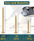 Tan Rust Resistant Deck Screws Set 150 Pieces In 3 Sizes 8x1-1/2, 8x2, 10x3 with size comparison and usage illustration
