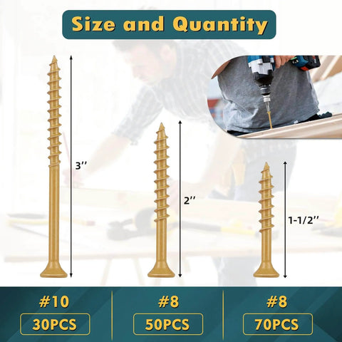Tan Rust Resistant Deck Screws Set 150 Pieces In 3 Sizes 8x1-1/2, 8x2, 10x3 with size comparison and usage illustration