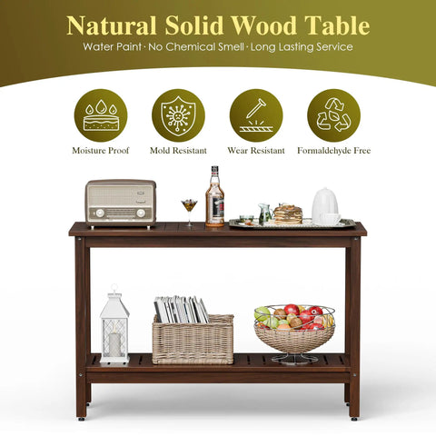 All Weather Patio Bar Table And Console With Two Shelves, 48 Inch Solid Wood Indoor Outdoor Multipurpose Buffet Storage Organizer, Espresso Finish, featured with various items placed on it