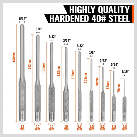 9-Piece Roll Pin Punch Set For Fast Pin Removal With Durable Chrome Vanadium Steel, Built For Automotive and Craft Repair