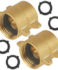 Two Pack Garden Hose Female To Female Adapters With Dual Swivel Brass Three Quarter Inch GHT Connectors For Male Hoses, Heavy Duty Hose Couplers With Extra Washers, No Fuss Quick Connect, Built To Last. brass 3/4 in female hose adapters with washers