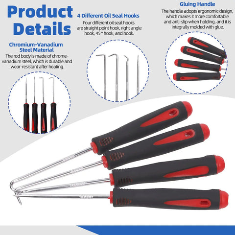 Chromium-vanadium steel hook set with ergonomic handles for the 499 Piece External And Internal Retaining Ring Kit