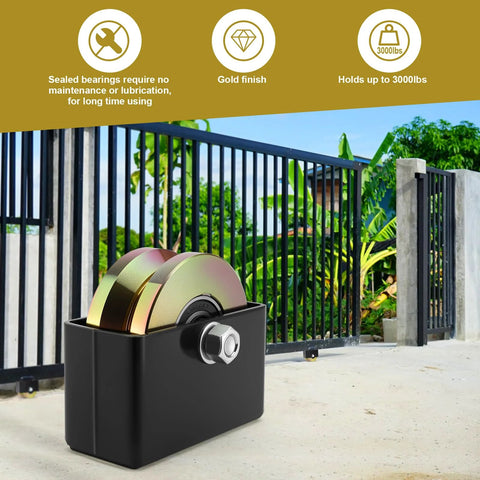 4 Inch Sliding Gate Rollers Wheel 2 Pack With V Groove And Welded Bracket in black, shown in front of a metal gate.