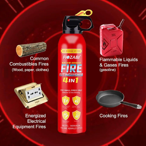 Heavy Duty Water Based Fire Extinguisher Spray, Portable Safety Kit With Wall Mount Bracket For Kitchen Car Truck Boat, Stops Reignition Cold, Leaves Zero Sticky Residue, 620 Ml Value Pack Of 24 with 4 types of fire hazards shown.