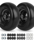 Two-pack of 11x4.00-5 flat free lawn mower tires and wheels with bearing bore 3/4 inch or 5/8 inch, centered hub, smooth tread.