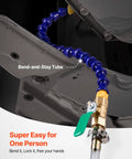 Heavy Duty Manual Transmission Fluid Transfer Pump Featuring Five Liter HDPE Tank Forty Eight Inch Flexible Hose Slick Brass Valve No Drip Top Shelf Auto Staple with blue bend-and-stay tube.