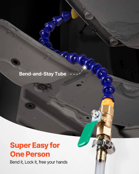 Heavy Duty Manual Transmission Fluid Transfer Pump Featuring Five Liter HDPE Tank Forty Eight Inch Flexible Hose Slick Brass Valve No Drip Top Shelf Auto Staple with blue bend-and-stay tube.
