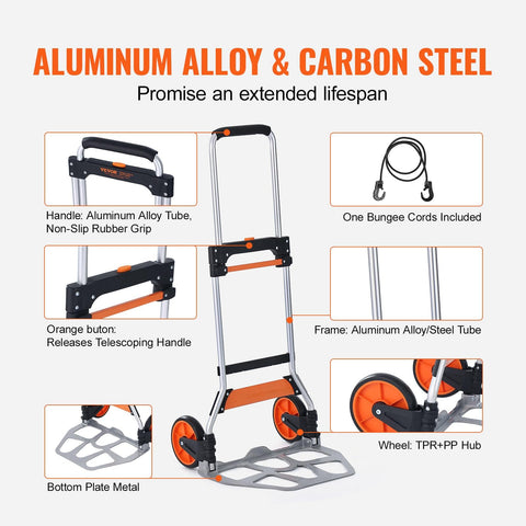 Folding Hand Truck And Dolly For Easy Haul, 275 Lb Capacity Aluminum Cart With Telescoping Handle and durable PP, TPR wheels.
