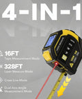 4 In 1 Laser Tape Measure With Cross Line Laser Retractable Tape 328 Ft Laser Range And 16 Ft Tape Fast Accurate Measurements For DIY Home Reno And Pro Builds. Black-yellow laser tape measure showing 16 ft tape and red cross-line beam