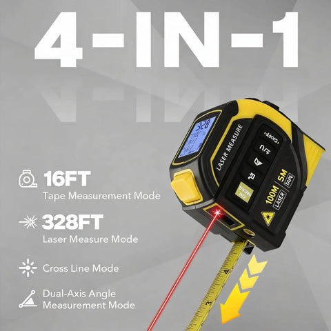 4 In 1 Laser Tape Measure With Cross Line Laser Retractable Tape 328 Ft Laser Range And 16 Ft Tape Fast Accurate Measurements For DIY Home Reno And Pro Builds. Black-yellow laser tape measure showing 16 ft tape and red cross-line beam