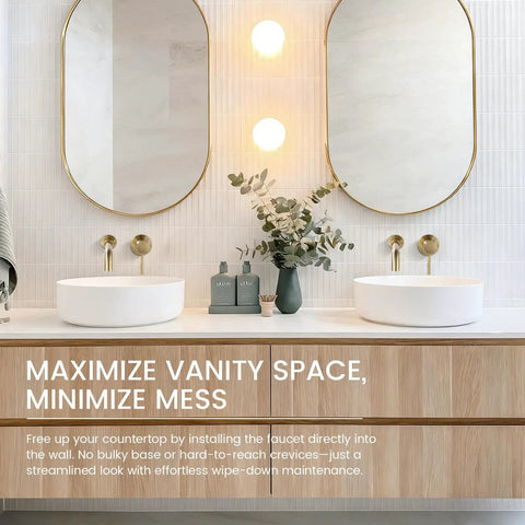 Wall Mount Brushed Gold Bathroom Faucet With Single Handle 2 Hole Modern Sink Faucet Includes Rough In Valve For Vanities