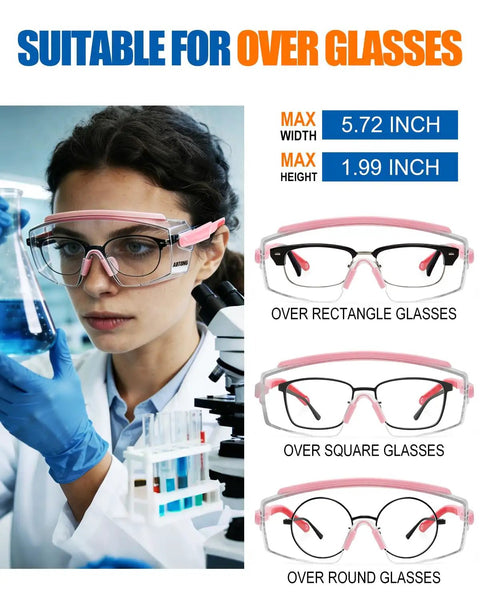 Over Eyeglasses Safety Glasses With ANSI Z87.1 Certification Clear UV380 Anti Fog Wraparound Lenses Adjustable Temples Lab Ready shown on model