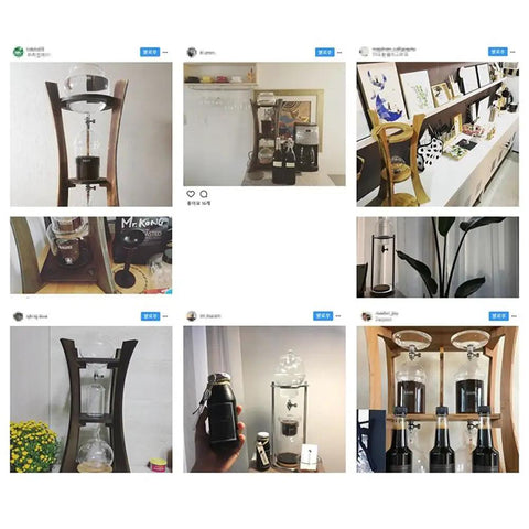 Kickback Ready Dutch Cold Brew Coffee Maker 1500ml Wooden Tower Iced Coffee Pitcher displayed in various home settings.