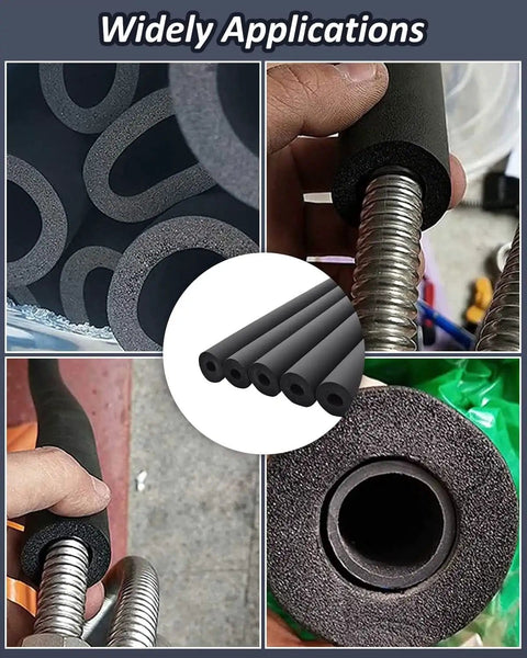 One Inch Inner Diameter Foam Tubing Insulation For AC Units Guitar Stands Exercise Machines And Roof Racks Six Feet Long With Three Eighth Inch Wall Thickness shown around metal pipes in various applications