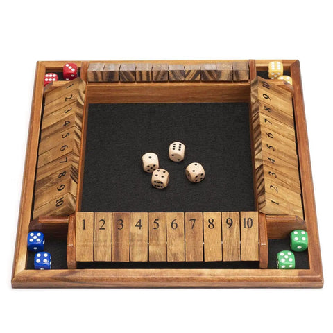 Shut The Box Dice Game On A Solid Wood Tabletop For 1 To 4 Players With 12 Dice, Family Friendly Math Challenge On 12 Inch Board