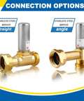Heavy Duty Water Hammer Arrestor Set For Washing Machine And Plumbing 3/4 Inch FHT X 3/4 Inch MHT Stainless Steel And Brass Body With Swivel Hose Fittings Metal Pipe Connectors Pack Of 2, straight and angle view