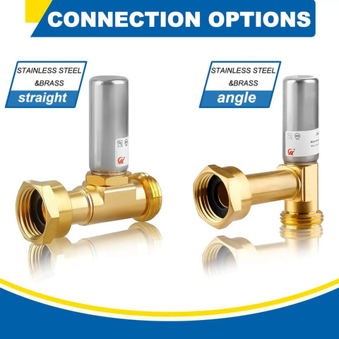 Heavy Duty Water Hammer Arrestor Set For Washing Machine And Plumbing 3/4 Inch FHT X 3/4 Inch MHT Stainless Steel And Brass Body With Swivel Hose Fittings Metal Pipe Connectors Pack Of 2, straight and angle view