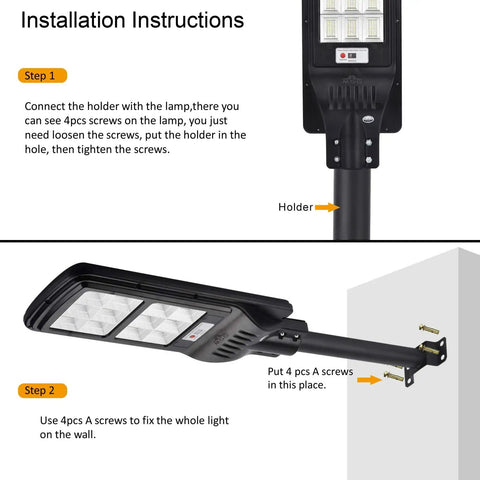 Installation guide for Beefy 200W Solar Street Light Outdoor Flood Light With 288 LEDs, showing mounting process.
