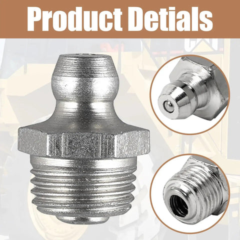 Close-up of 20 Piece M10 Straight Hydraulic Grease Fitting Kit with Zerk Fittings and Nipple Nozzles, iron material